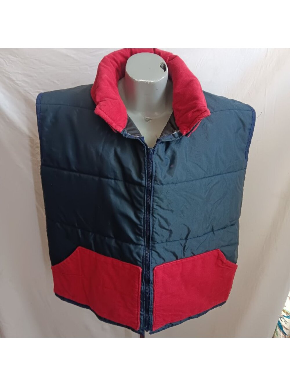 Mens Puffer Ski Vest 1OF1 XL Vintage 80's Red Corduroy Accents Handmade Rancher
